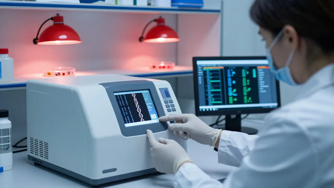 Laboratoř v České republice: technik analyzuje PCR test na bakterie s koloniemi v pozadí a datovými proudy na obrazovce.
