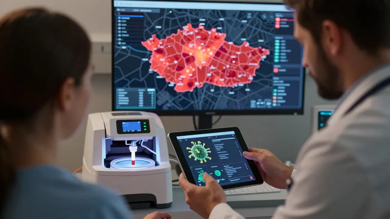 Lékař sleduje na tabletu data o rezistentních bakteriích v nemocnici v České republice.