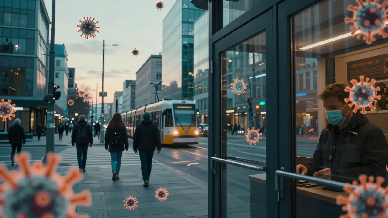 Městský výhled v Česku s neviditelnými virovými částicemi šířícími se po površích a ve vzduchu.