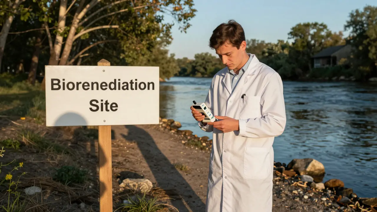Microbiologist collecting water samples for environmental testing near a river.