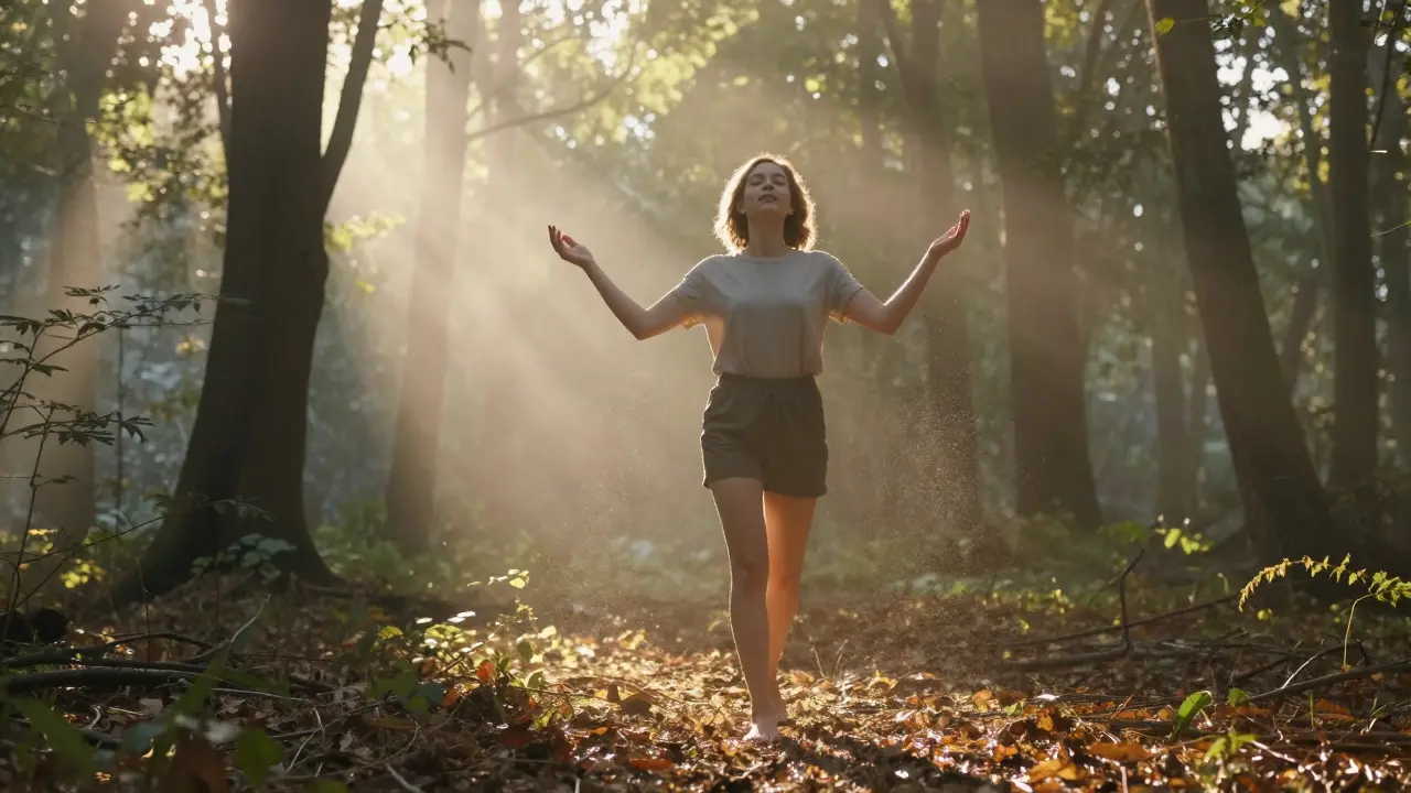 Osoba chodí bosá v lese na ranním slunci, symbolizující příjem vitamínu D a úlevu od stresu.