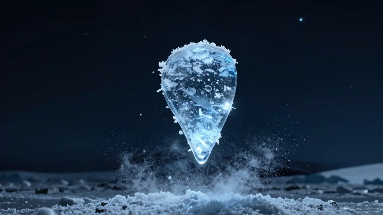 Podchlazená kapka vody v antarktickém prostředí, připravená k okamžitému zmrazení.
