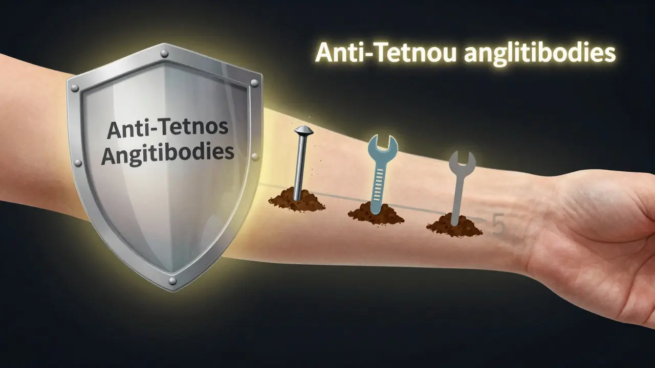 Průhledný obrázek paže s postupně mizícími protilátkami proti tetanu během 10 let, symbolizující úbytek ochrany.