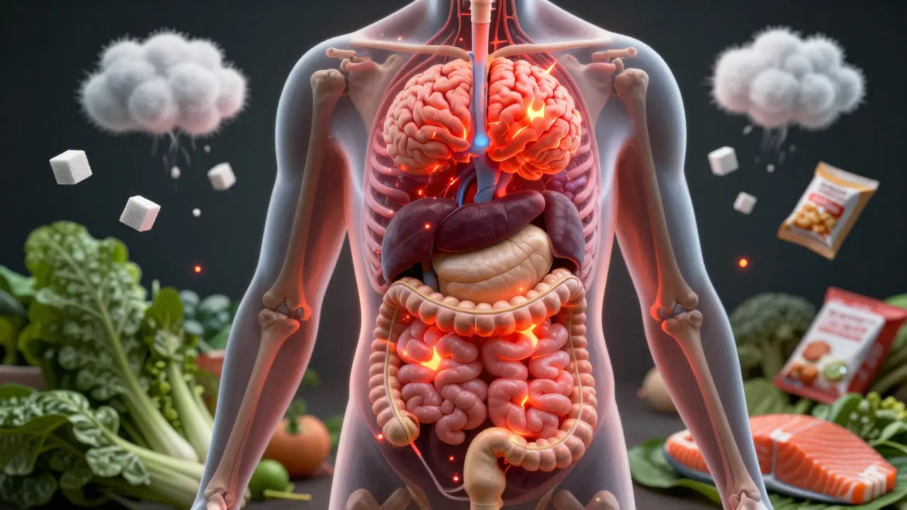 Průřez lidským tělem s viditelným zánětem v kloubech, mozku a střevech, okolo něj škodlivé látky a zdravé potraviny.