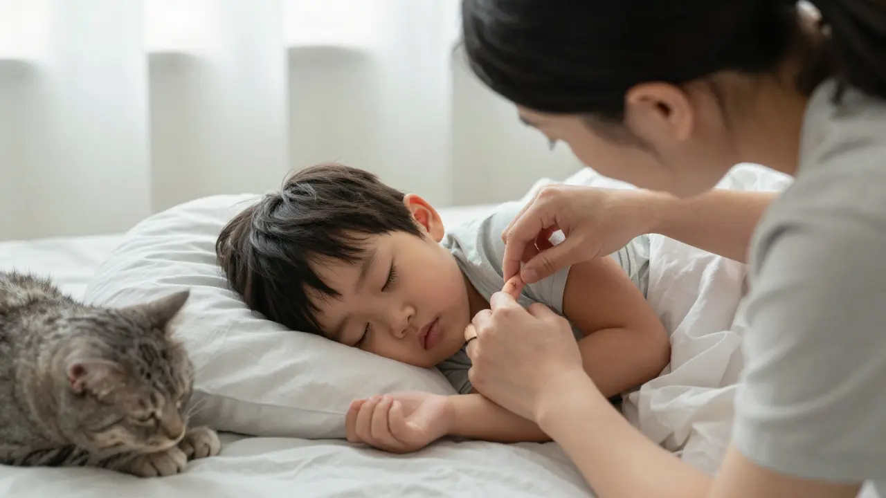 Rodič si prohlíží malou ránu na prstu dítěte, zatímco kočka spí v pozadí.