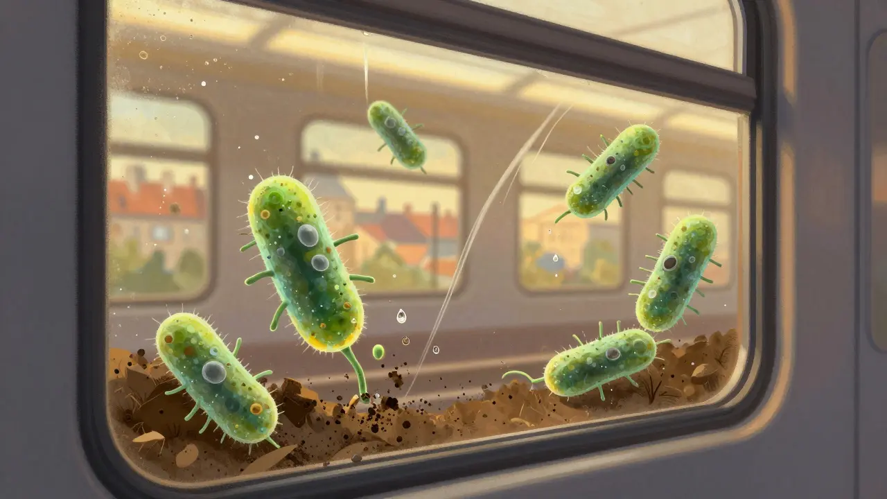 Samovyčištějící bakterie čistí okno vlaku v Praze.