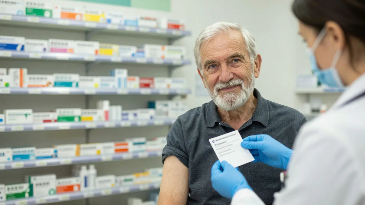 Starší muž dostává očkování proti tetanu v lékárně, nurse ho očkovává, viditelný očkovací průkaz.