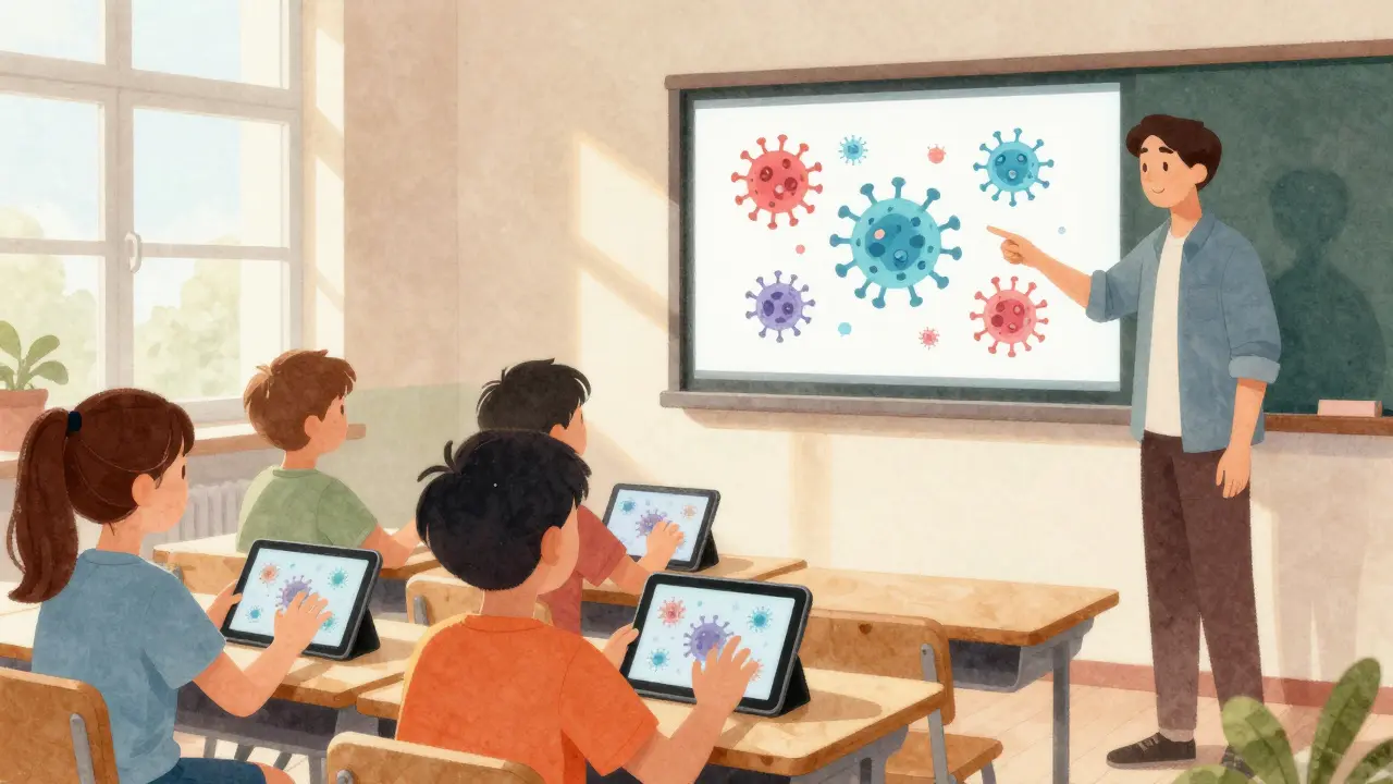 Studenti v české třídě sledují simulaci šíření viru na tabletech.