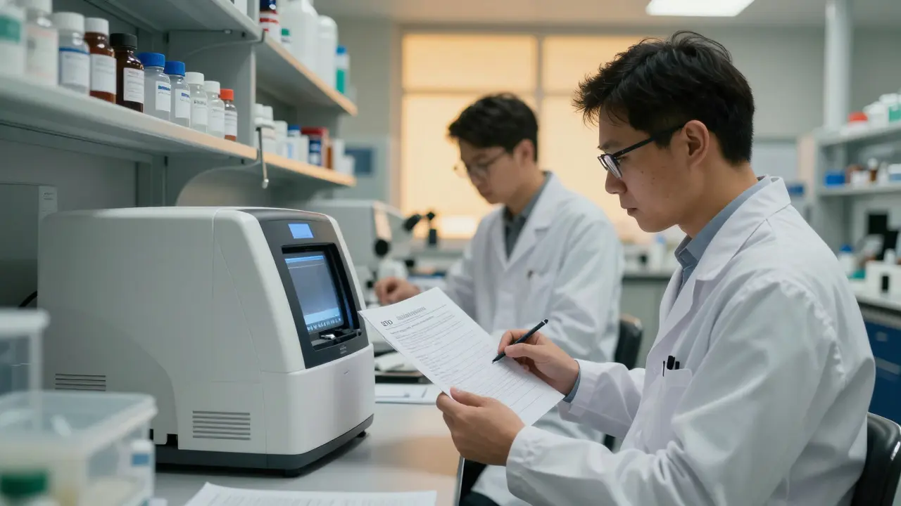 Team of microbiologists working with PCR machines and quality control reports.