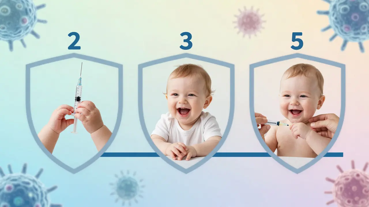 Timeline of a baby receiving three doses of hexavalent vaccine at 2, 3, and 5 months