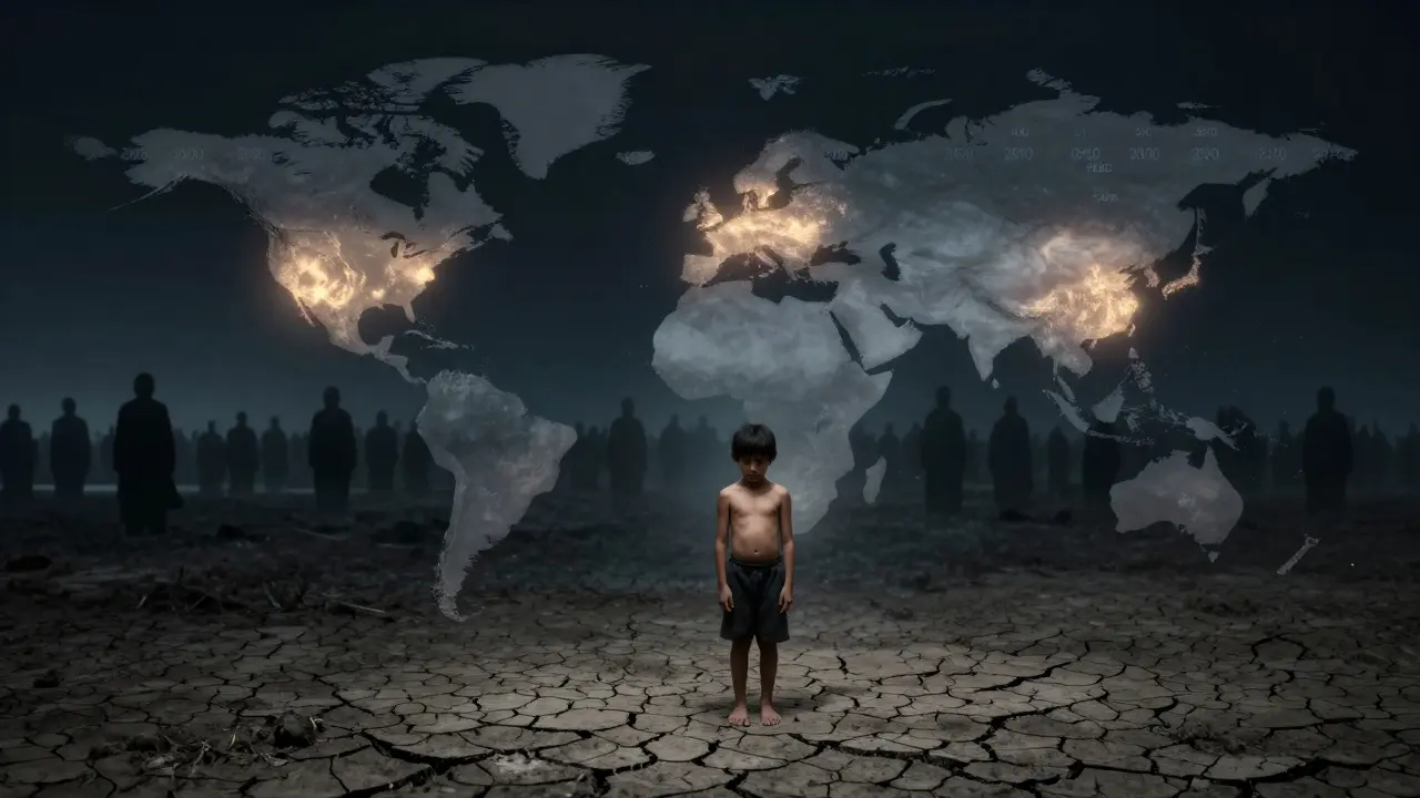 Tisíce postav se mění v čísla úmrtí, zatímco jedno očkované dítě symbolizuje přežití díky společnému úsilí.