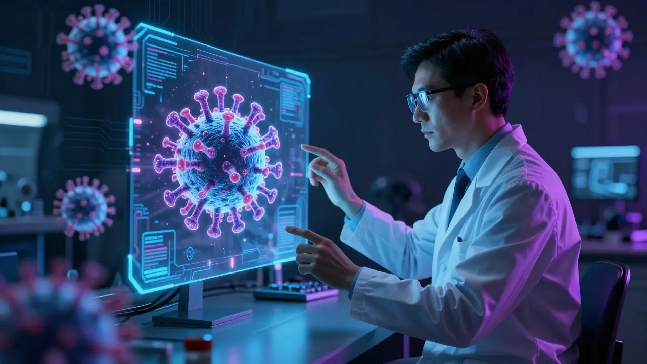 Vědec pracuje s holografickou projekcí mutujícího viru.