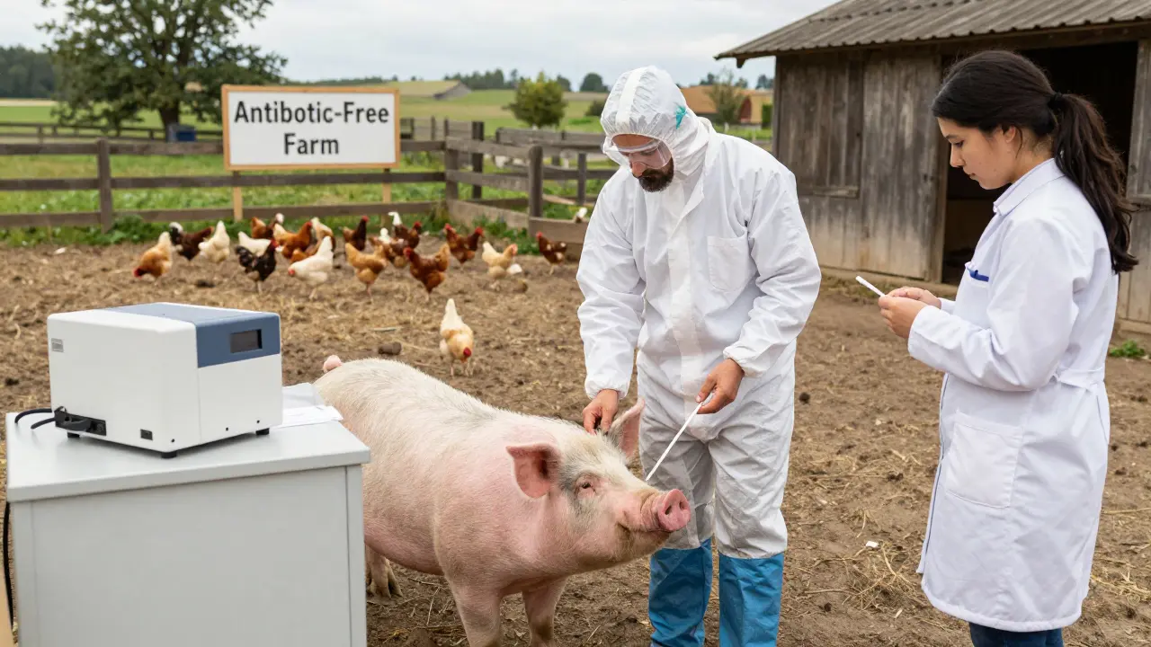 Veterinář odebírá vzorek od prasete v chovu bez preventivního používání antibiotik.