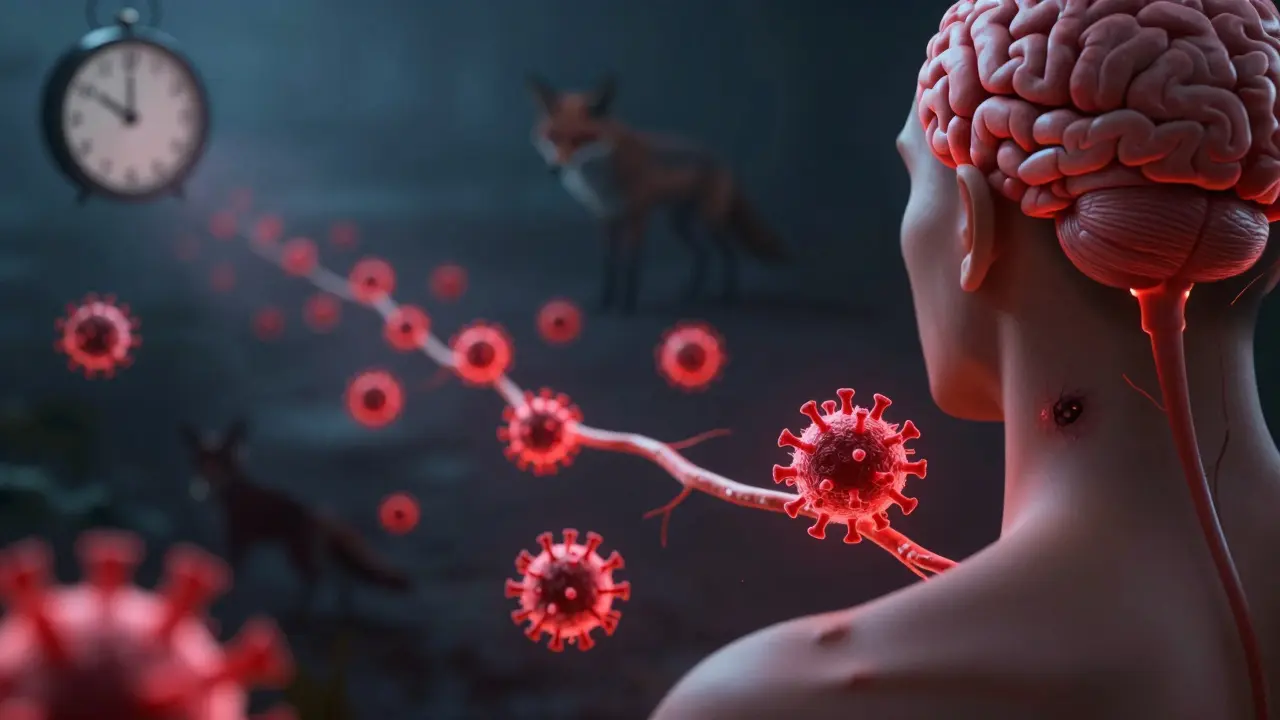 Vírus se pomalu šíří po nervu od kousnutí k mozku s hodinami v pozadí.