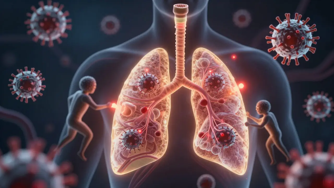 Vnitřní bitva imunitního systému proti virovým částicím v dýchacích cestách, zobrazená jako světelná scéna.