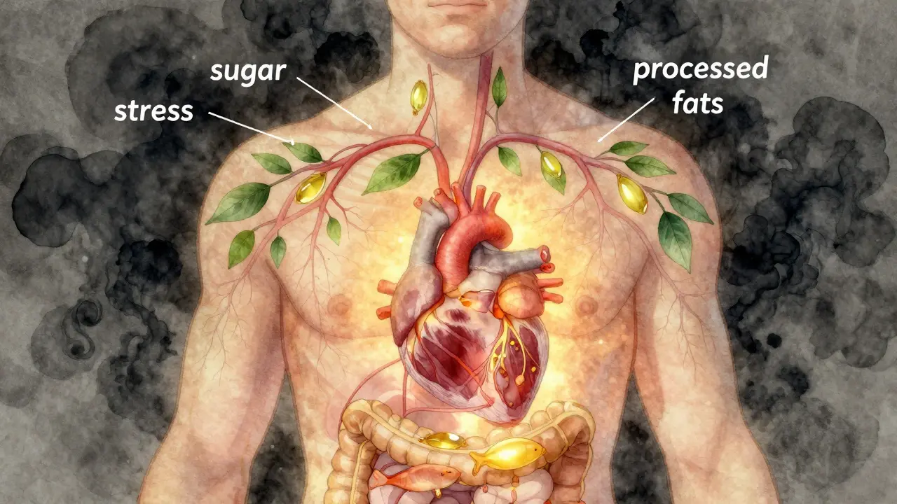 Vnitřní pohled na tělo s klidným imunitním systémem a rozptýlenými zánětlivými faktory.