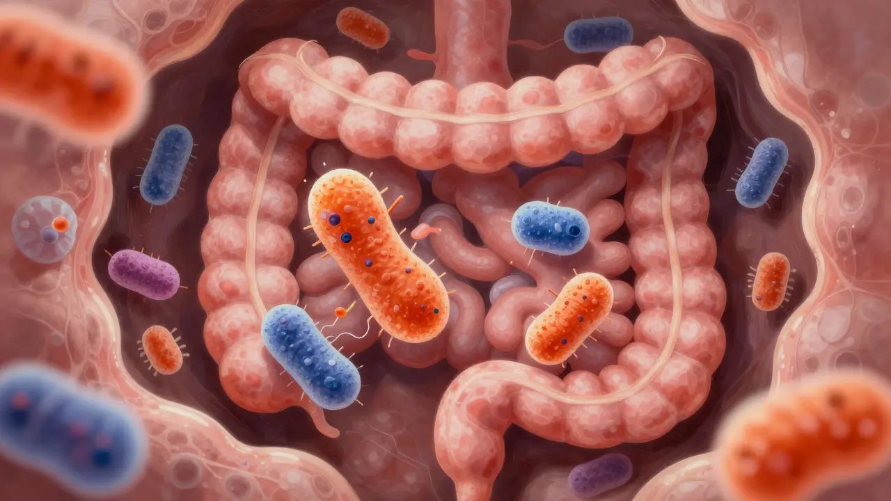 Barevná makro vizualizace prospěšných bakterií ve střevě člověka.