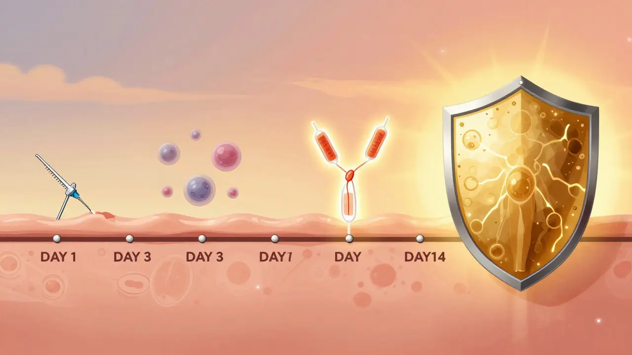 Časová osa reakce těla na očkování během 14 dní, znázorňující postupné vytváření imunitní ochrany.