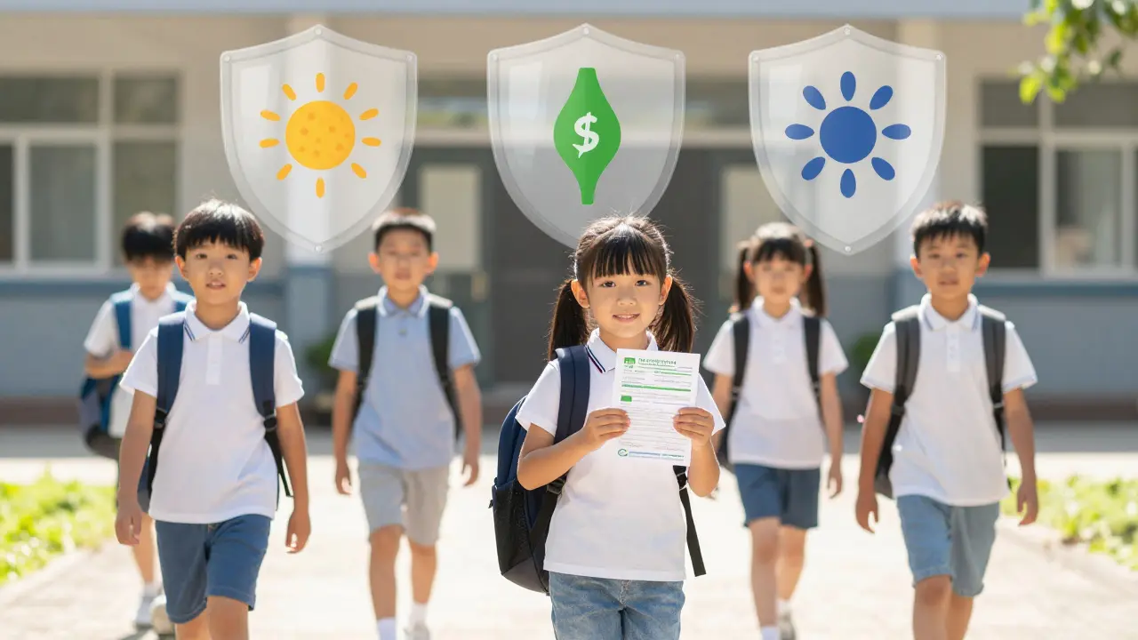 Děti vstupují do základní školy, jedna drží očkovací průkaz, symbolické štíty ochrany visí nad nimi.