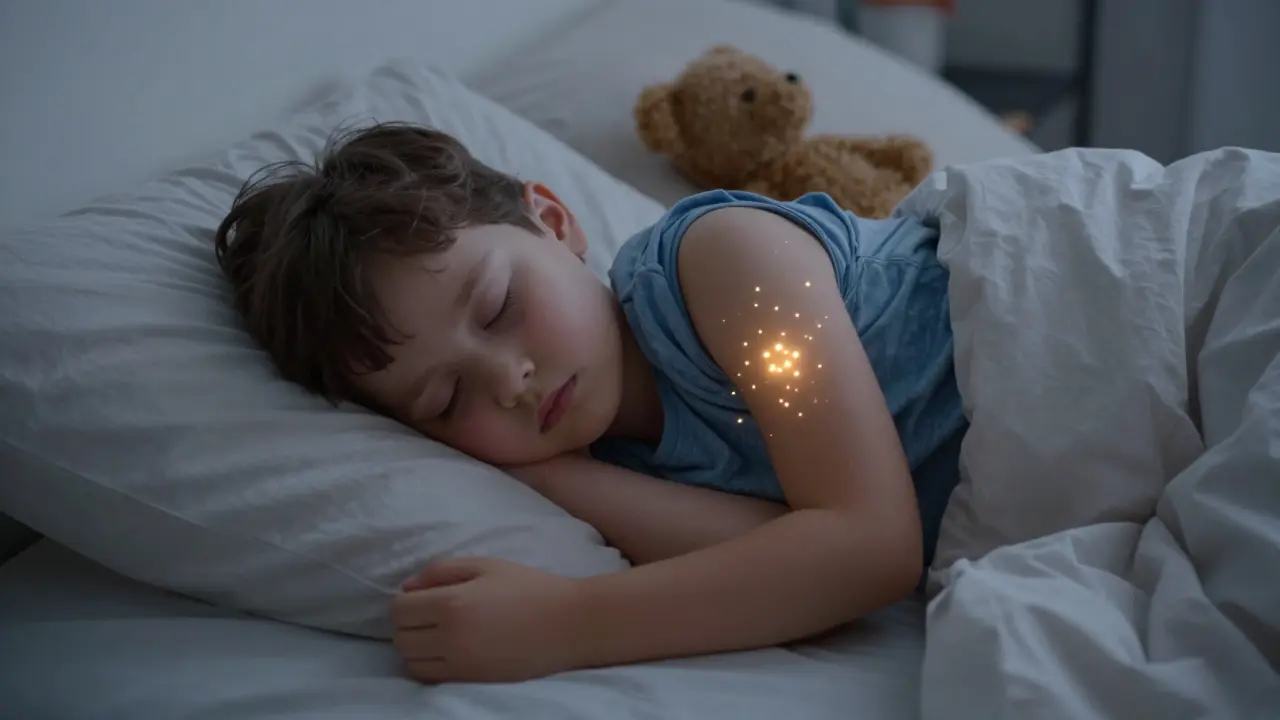 Dítě spí po očkování, s jemnými světelnými částicemi symbolizujícími vznik paměťových buněk.