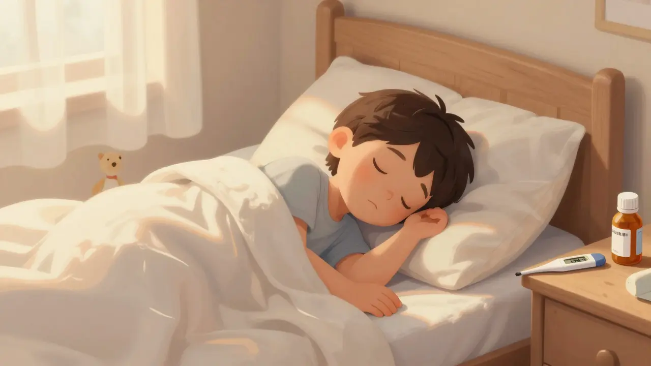 Dítě spí v posteli s mírnou horečkou, na nočním stolku je teploměr a lék.