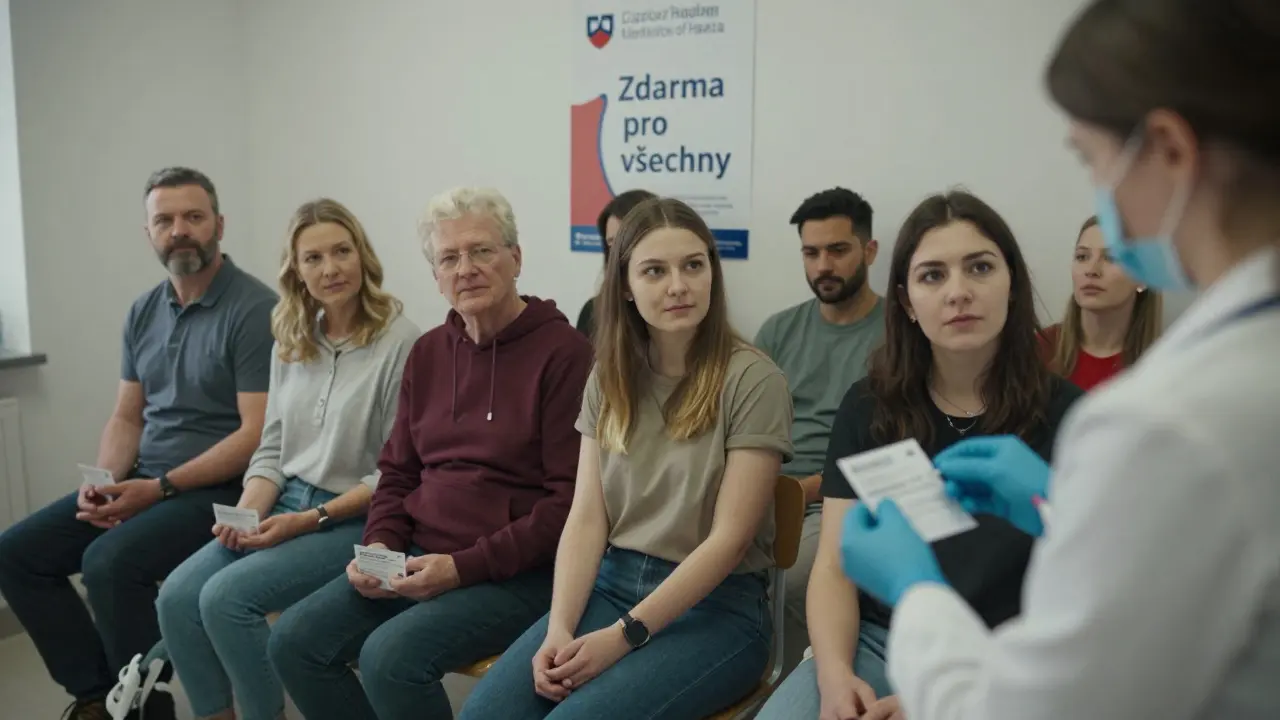 Dospělí čekají na očkování v zdravotnickém centru v Praze