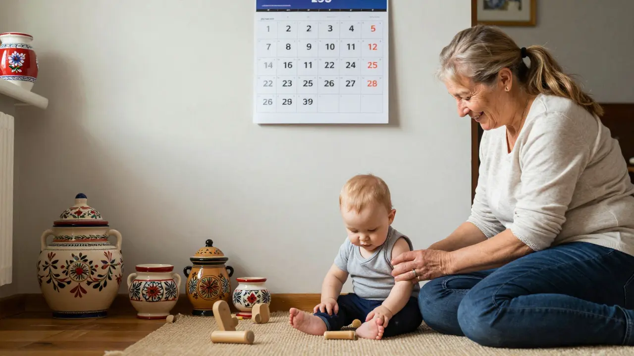 Happy family with vaccinated child and grandparents in a Czech home.