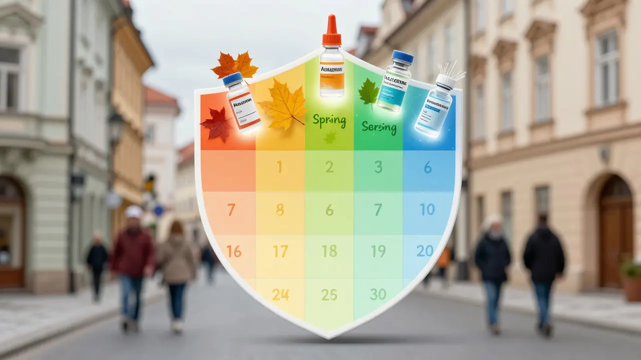 Kalendářový štít s vakcínami v příslušných ročních obdobích, symbolizující časově optimální ochranu.