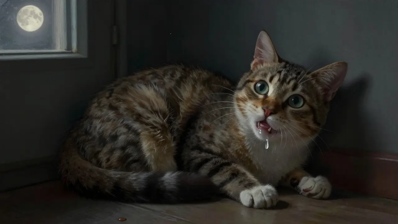 Kočka s pěnou na rtech a ztrátou rovnováhy v temné místnosti.