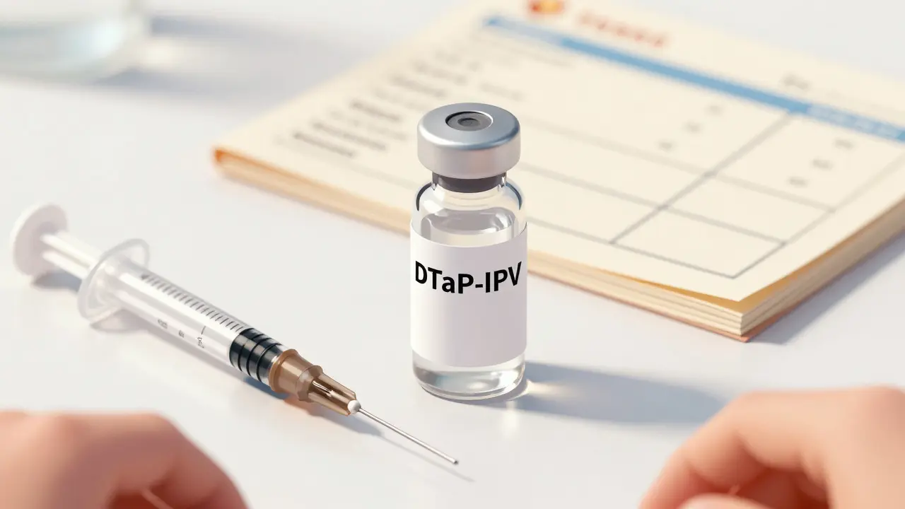 Kombinovaná vakcína DTaP-IPV v lahvičce s injekční stříkačkou a očkovacím průkazem na pozadí.