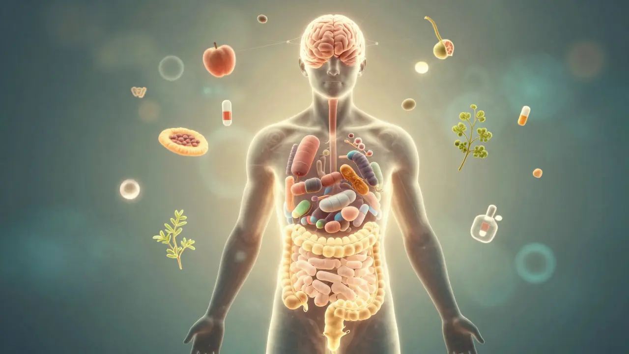 Lidský silueta s osvětlenými užitečnými bakteriemi ve střevech spojenými s jídlem a mozkem.