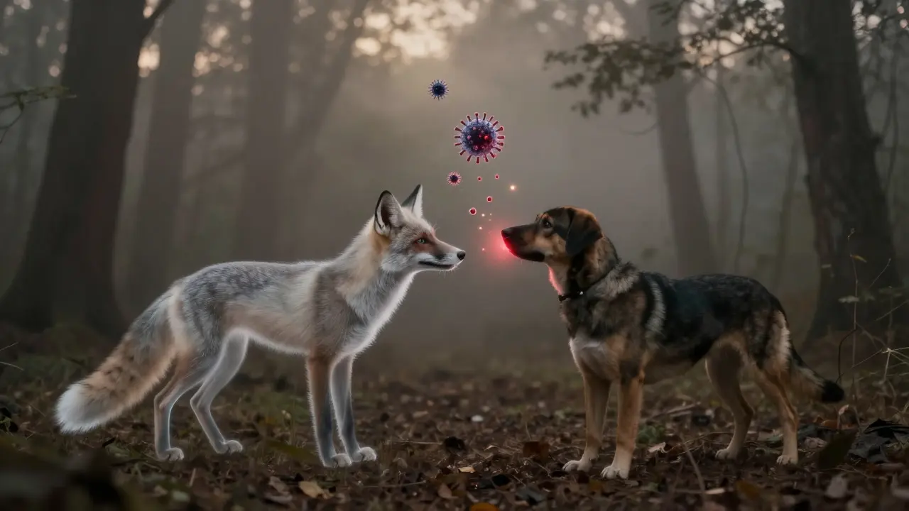 Liška a pes v lese s neviditelnými viry mezi nimi.