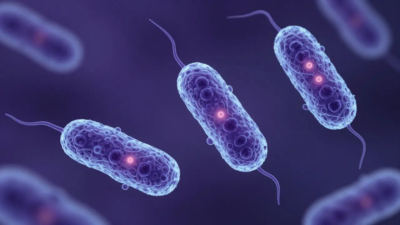 Mikroskopický pohled na bakterie E. coli a salmonelu ve vodě