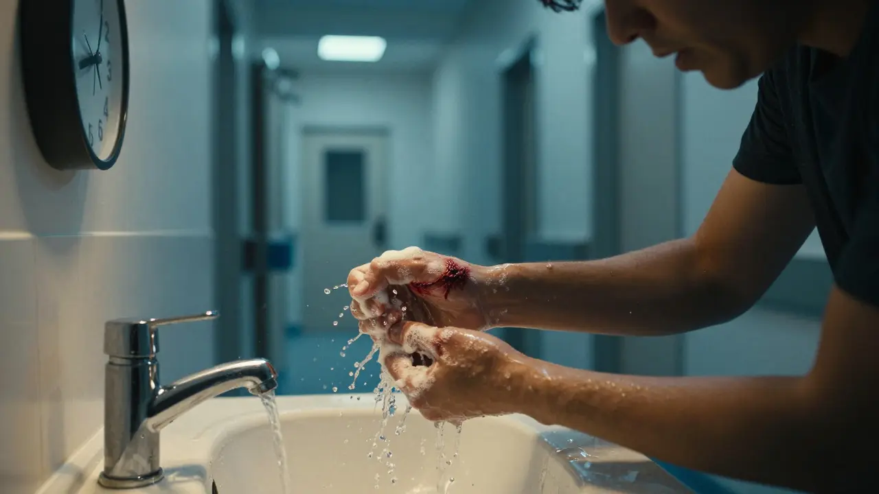 Muž okamžitě umývá uštknutí pod kohoutkem s mýdlem.