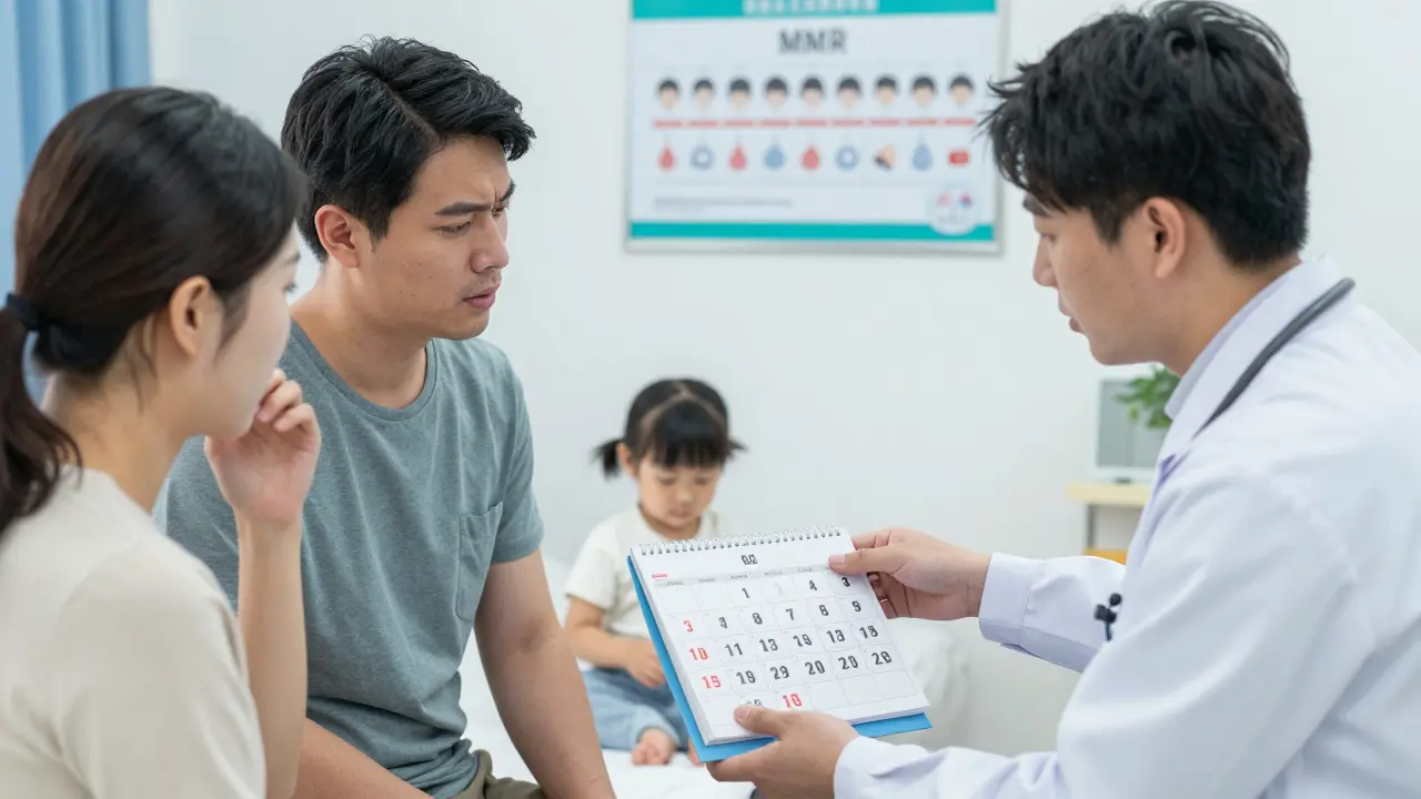 Pediatr vysvětluje rodičům časový přehled reakce na MMR očkování pomocí kalendáře.