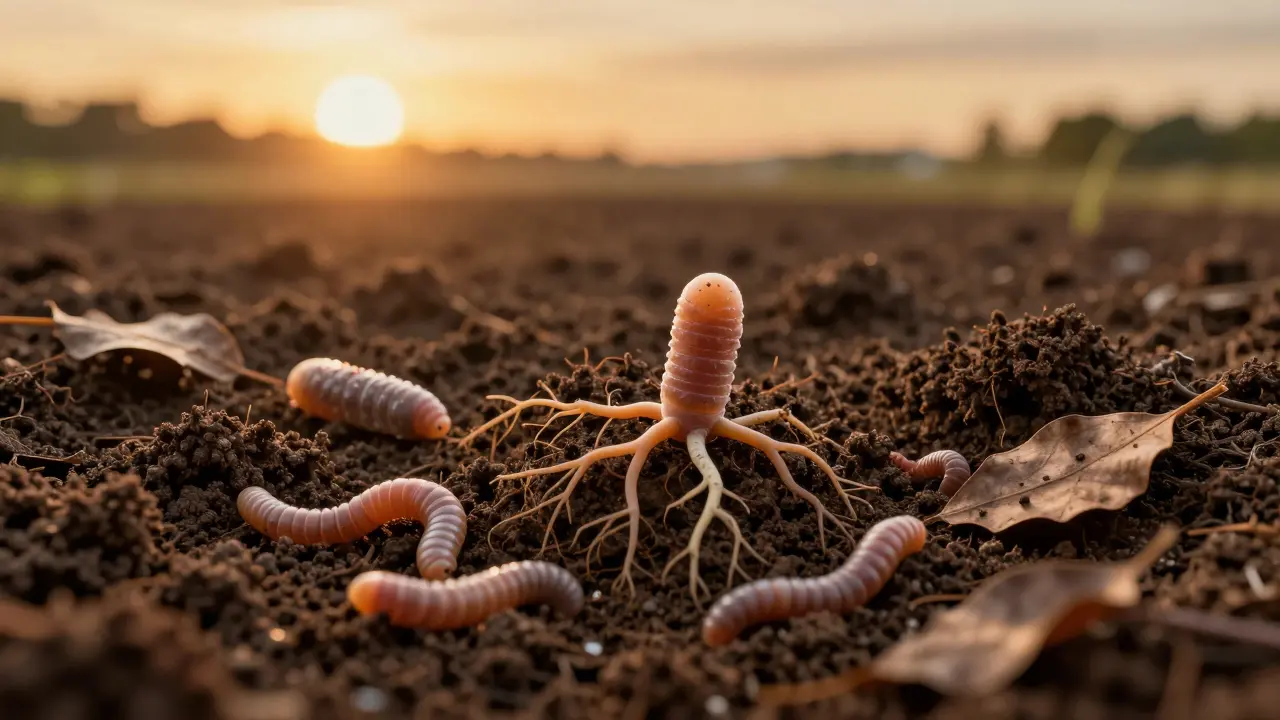 Plodná půda s mikroskopickými bakteriemi podporujícími kořeny rostlin.