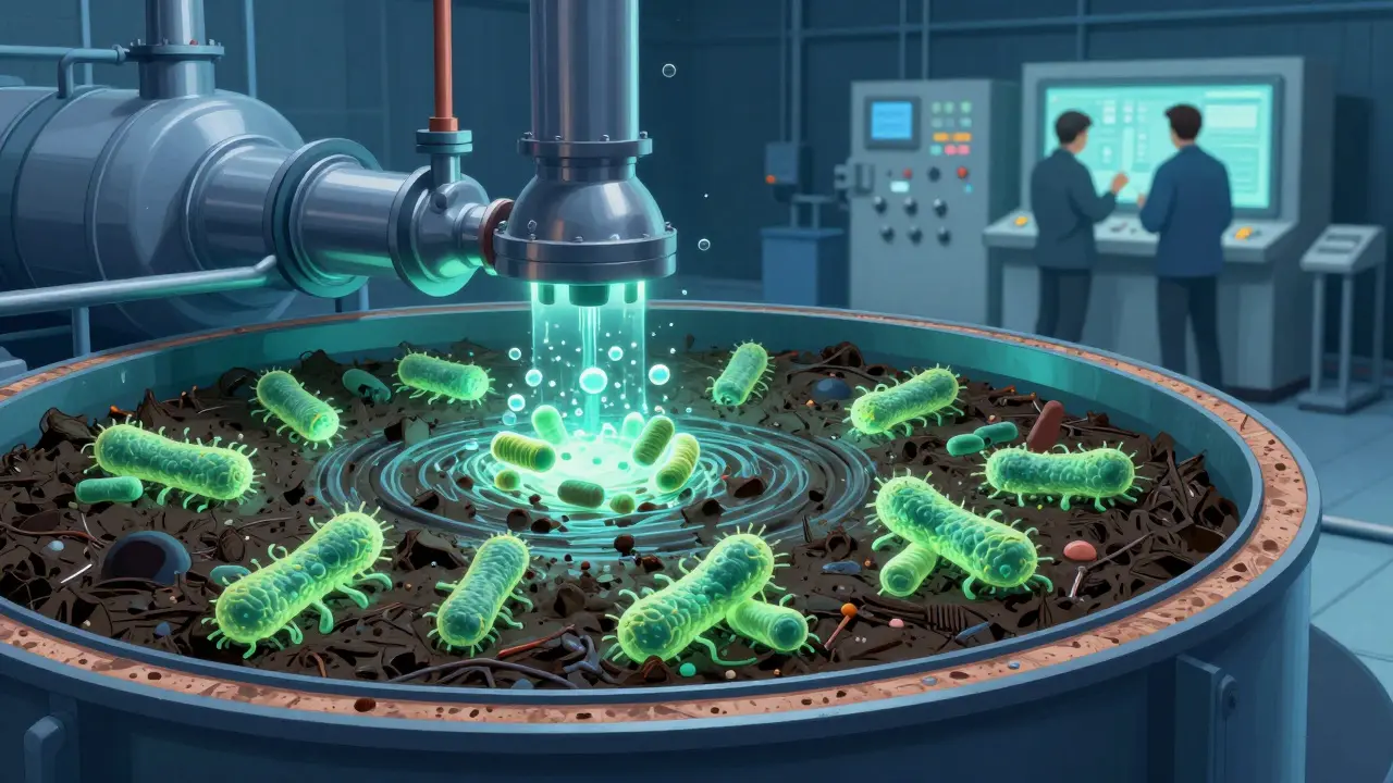 Průřez čistírnou odpadních vod s bakteriemi rozkládajícími kal a vyrábějícími bioplyn.