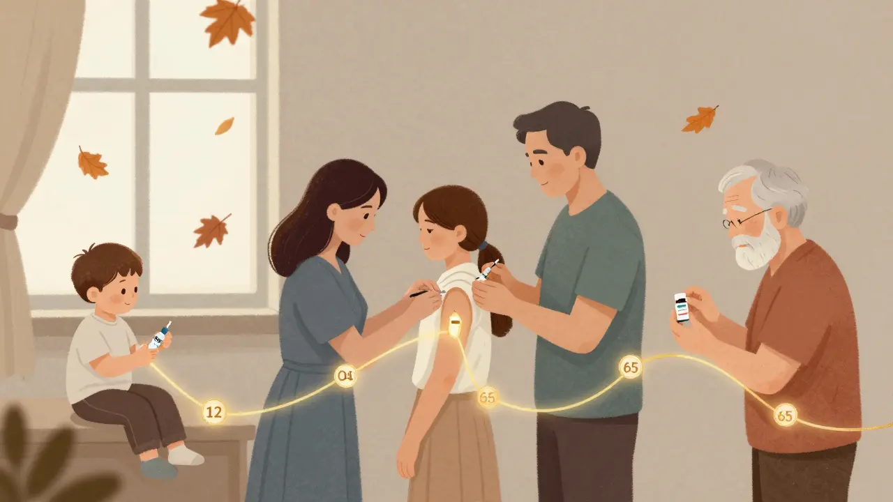 Rodina tří generací obdrží vhodné vakcíny v příslušném věku: dítě, dospělý a starší člověk.