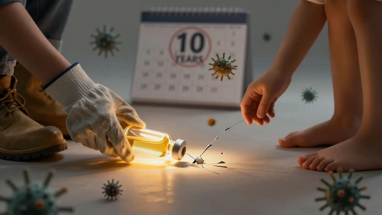 Rozbitá lahvička s očkováním vysílá světlo nad různými rukama, zatímco bakterie ustupují, symbolizující prevenci.