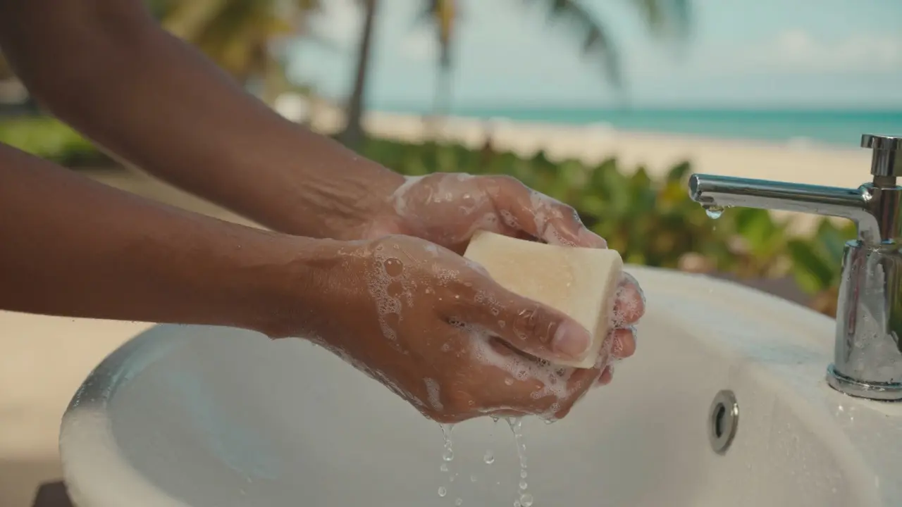 Ruce si umývají mýdlovou pěnou u venkovního umývadla