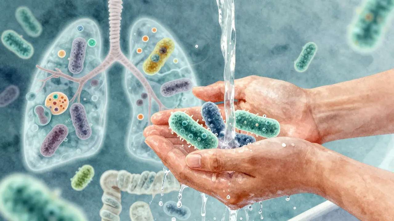 Ruka při mytí, zatímco bakterie odtékají, zatímco zdravé buňky v těle pokračují ve fungování.