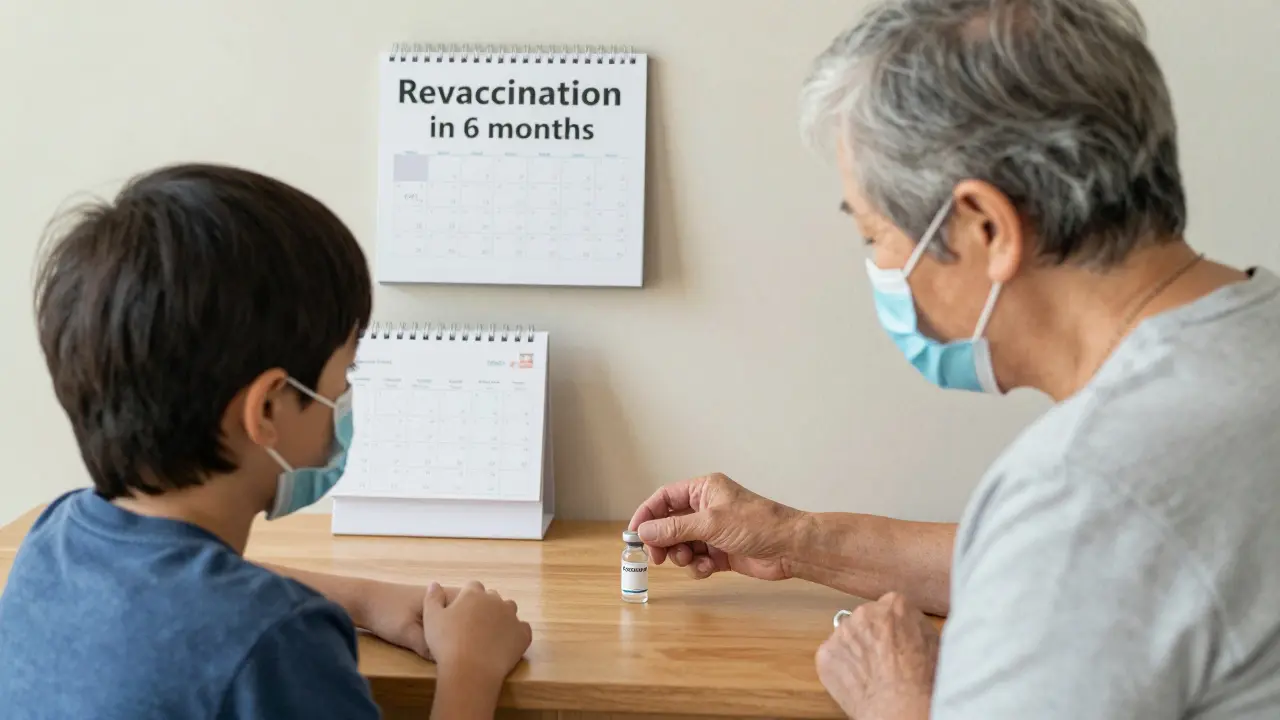 Starší osoba nosí roušku při návštěvě vnoučete, na stole vakcína.