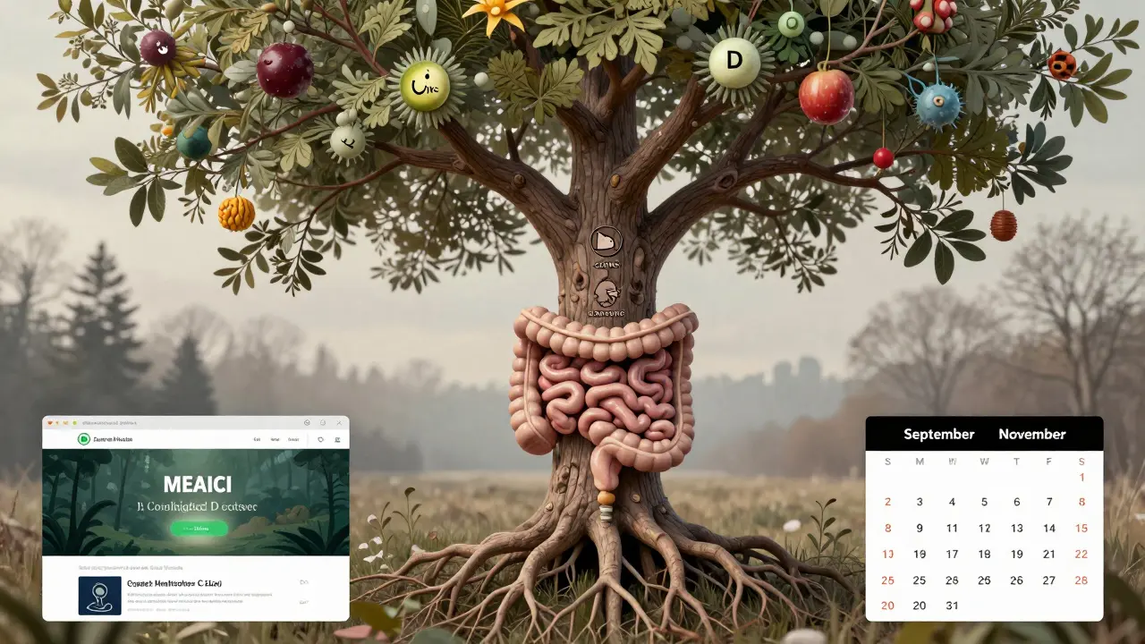 Strom s kořeny jako střevy, plody jako vitamíny, podklad s kalendářem očkování v září–listopadu.