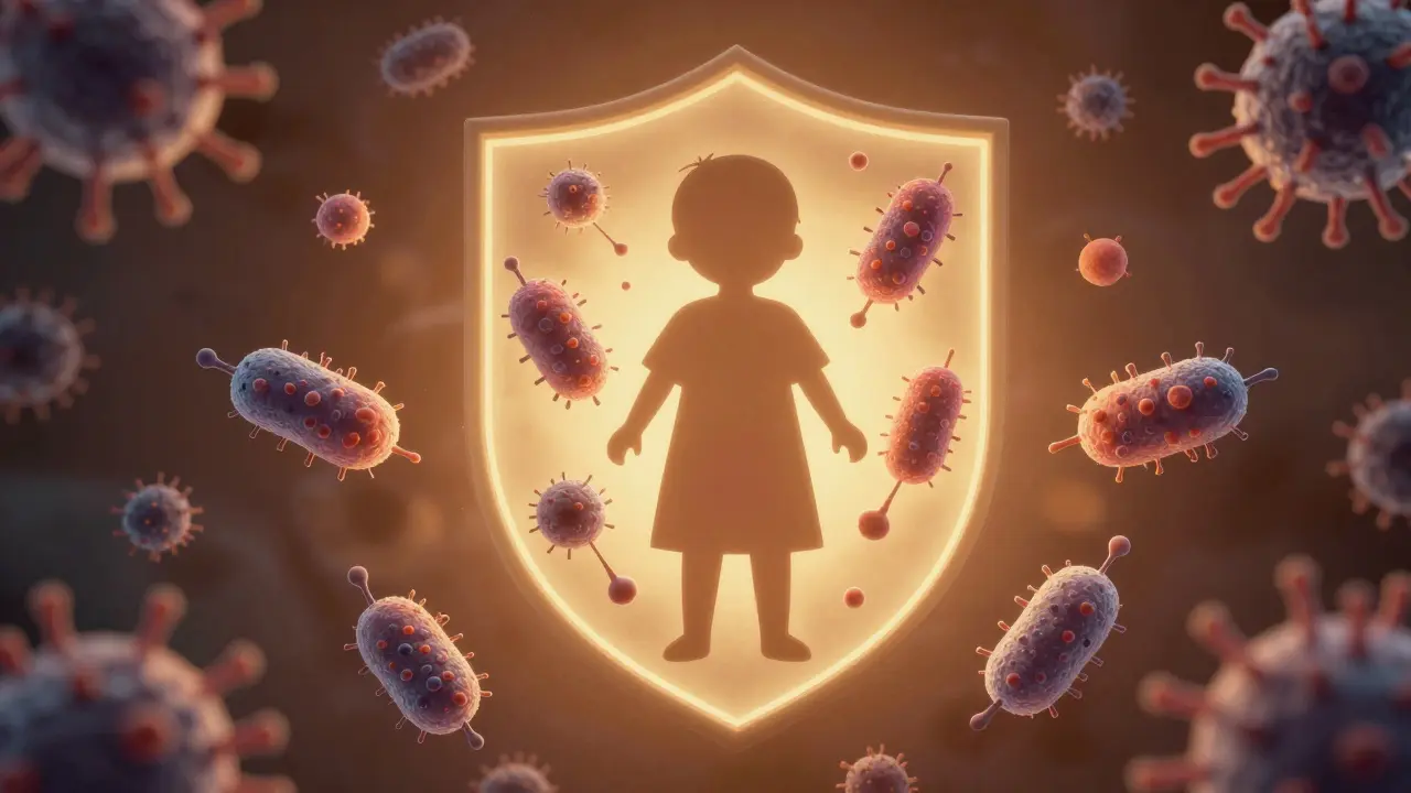 Stylized pneumococcal bacteria being blocked by a child-shaped shield.