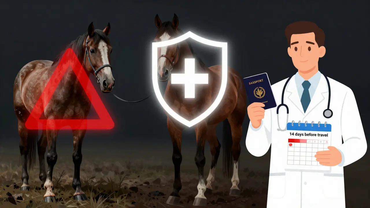 Tři scény: nemocný kůň, zdravý kůň s imunitou a veterinář s pasem — symbolický kontrast.