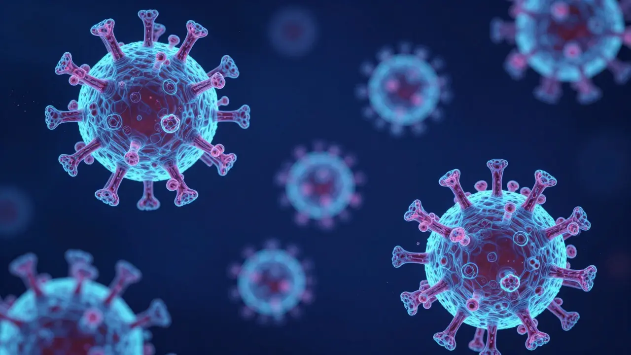 Umělecké zobrazení virů při mikroskopickém studiu