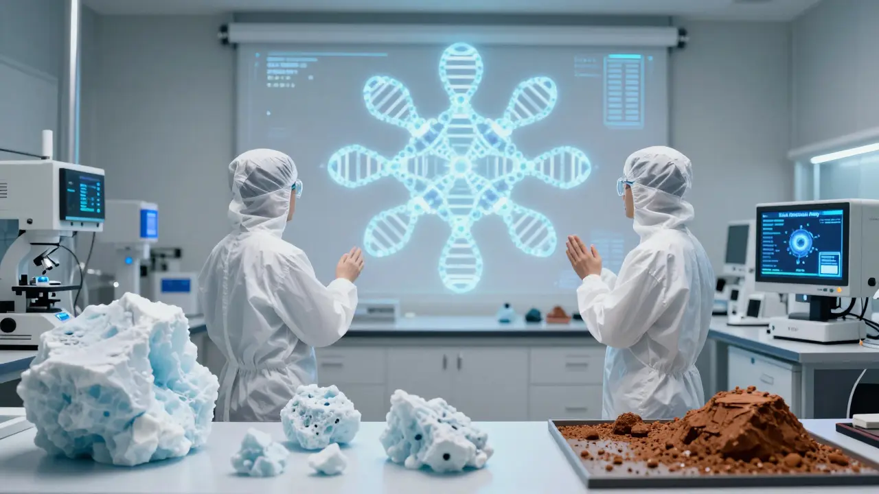 Vědci v laboratoři analyzují hologram mimozemské virální struktury.