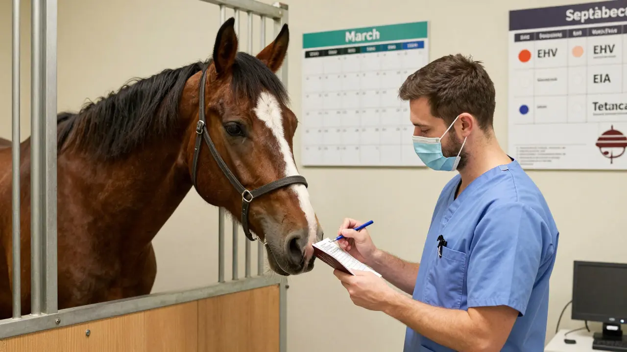 Veterinář zapisuje očkování do pasu koně v klinice, na pozadí kalendář s daty.