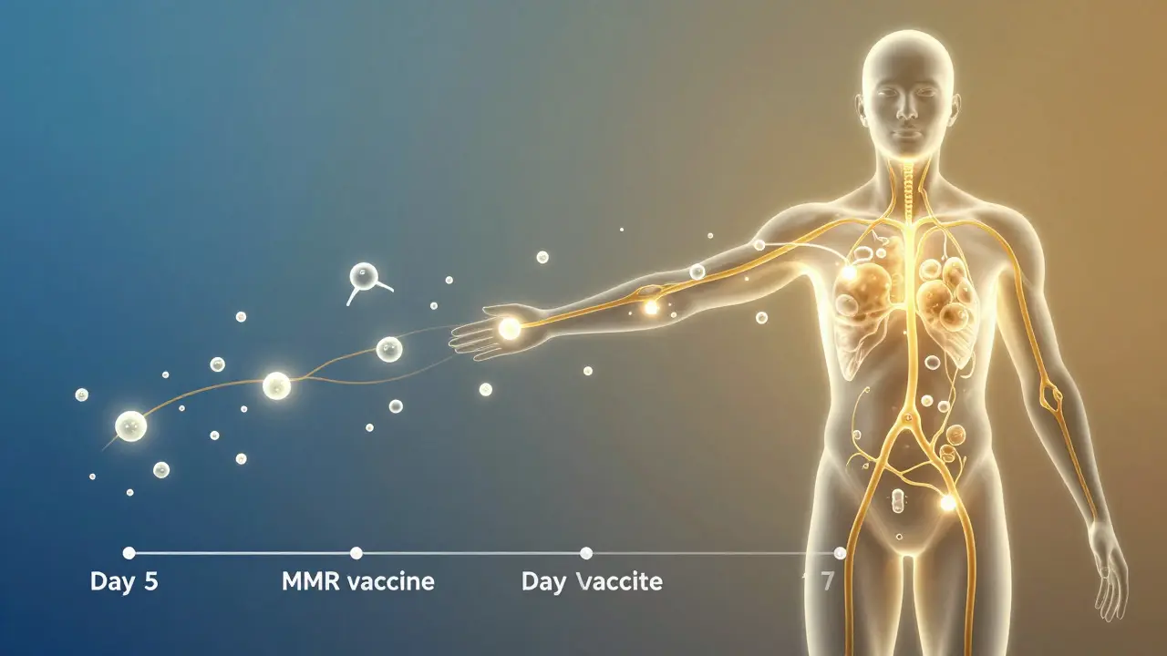 Vnitřní pohled na imunitní systém, jak vytváří protilátky po MMR očkování.