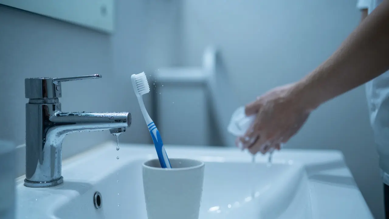 Zubní kartáček stojí v koupelně, voda kape z kohoutku a bakterie se šíří do vzduchu kolem něj.